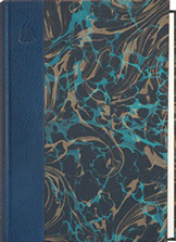 An heirloom personal history book cover designed with quarterleather and marbled paper.